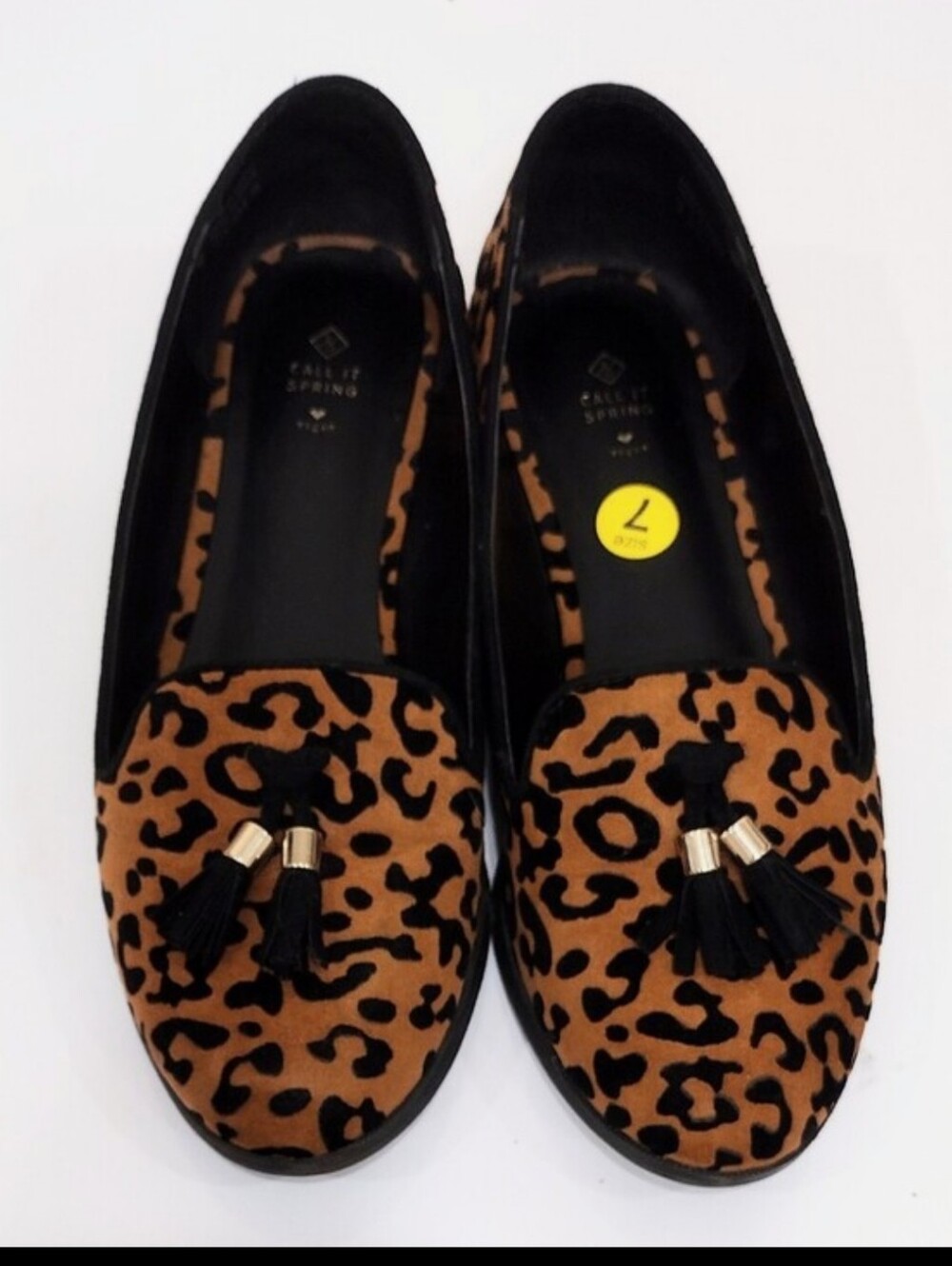 Sz 7 Call It Spring Leopard Print Tassel Loafers - Brown/Black